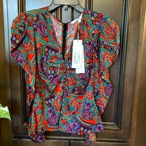 Veronica Beard Simmons Paisley Floral Silk Blend Long Sleeves Top